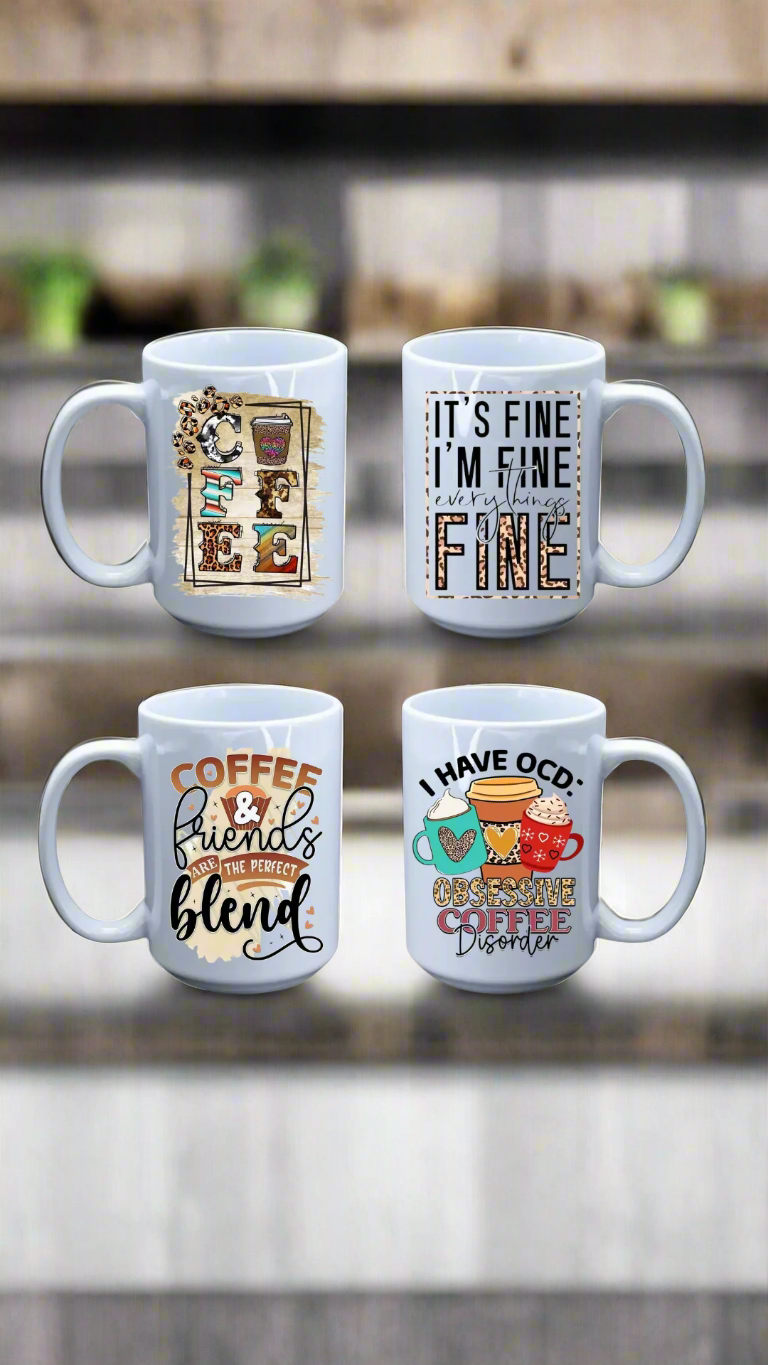 Four white mugs with coffee-themed sayings on a colorful gradient background