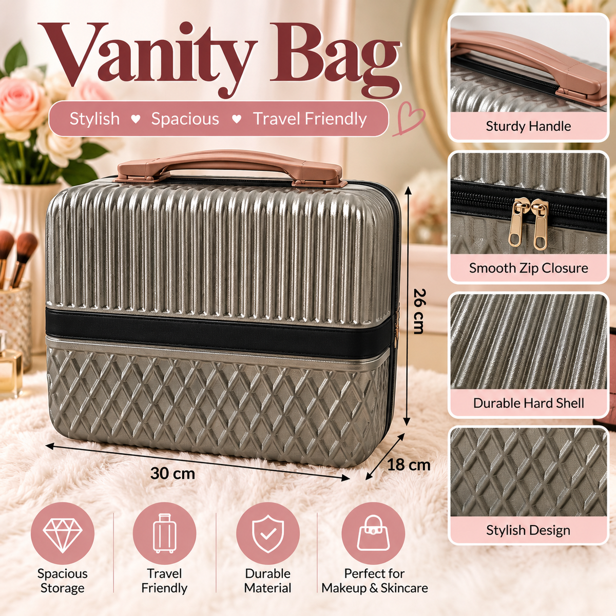 Hard Cover Vanity Bag β Stylish, Durable; Travel Ready