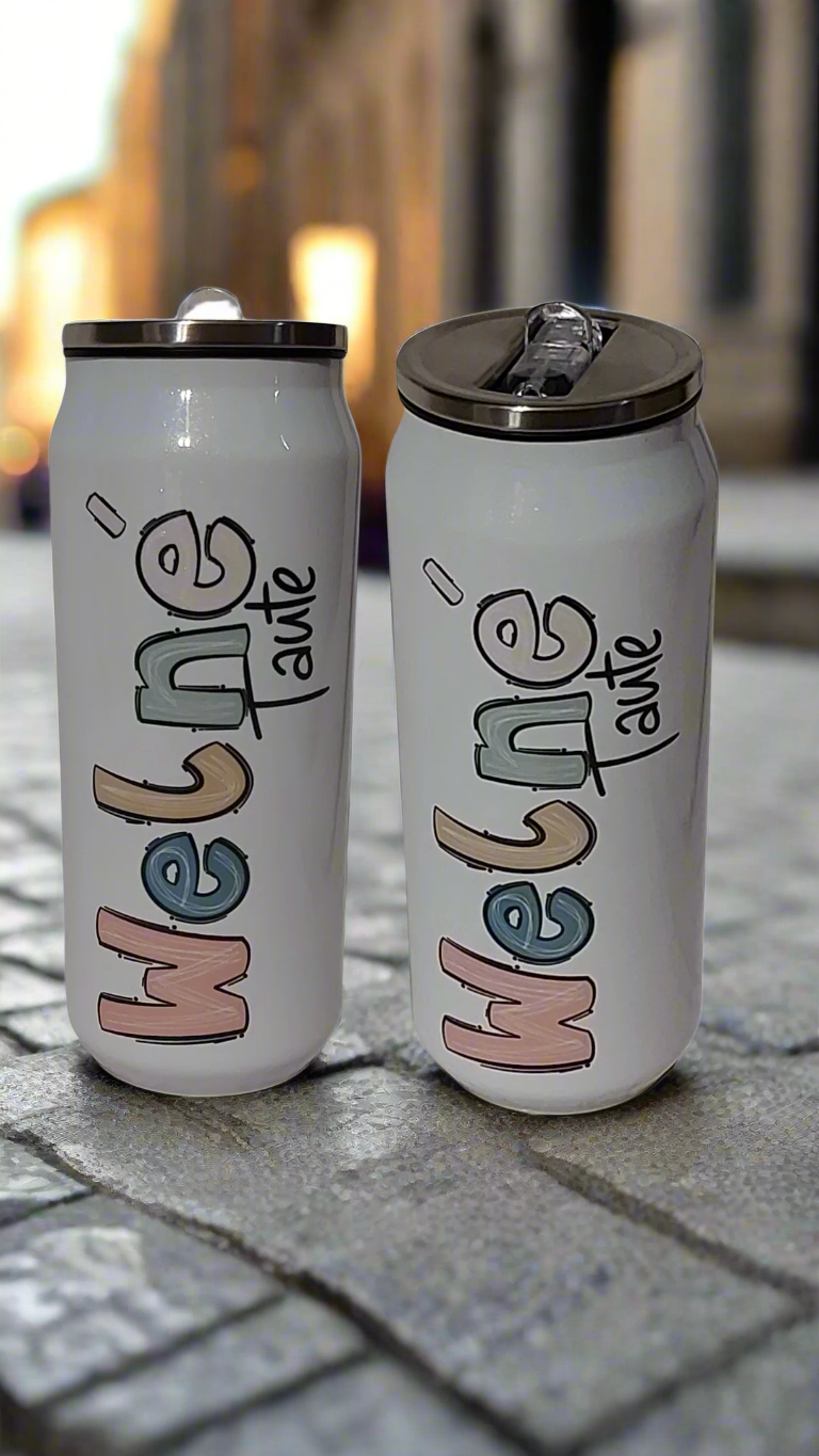 400ml Can tumblers with colorful text on a white background