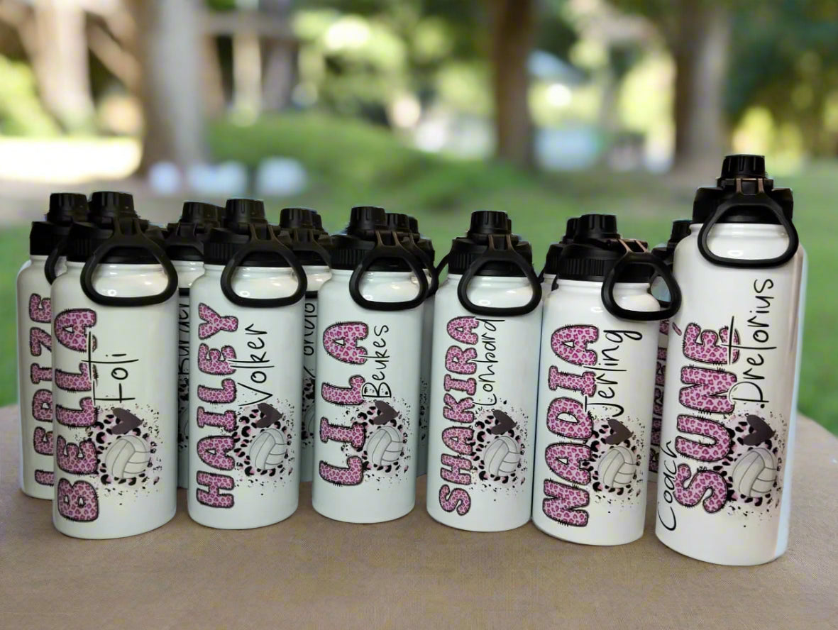 Set of personalized water bottles with names and designs on a white background.