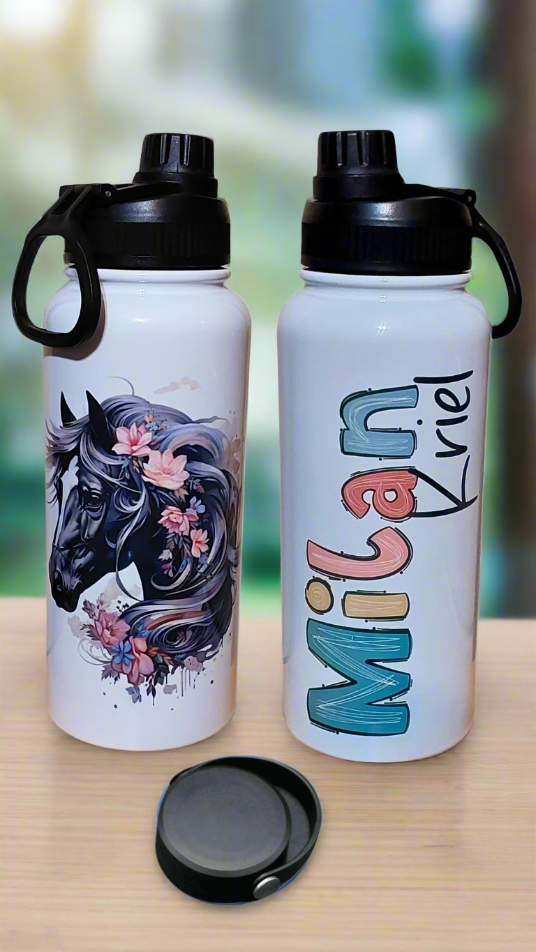 Two water bottles with a horse design and text on a white background