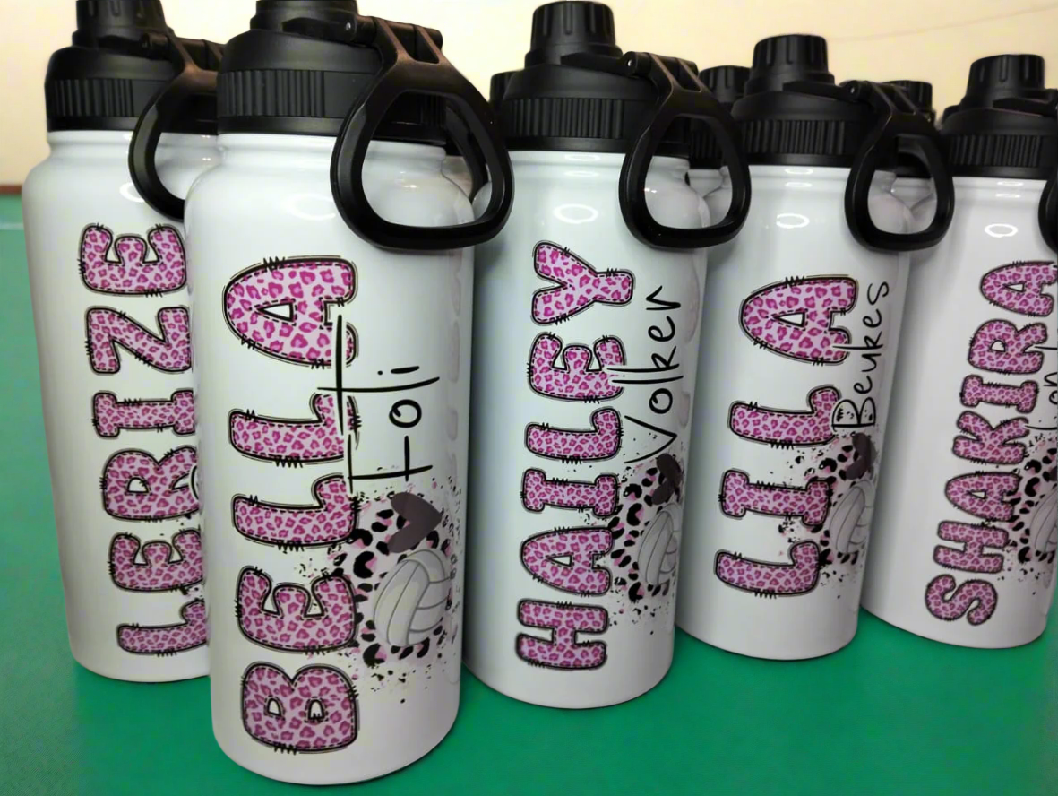 White water bottles with personalized names in pink and black designs on a white background