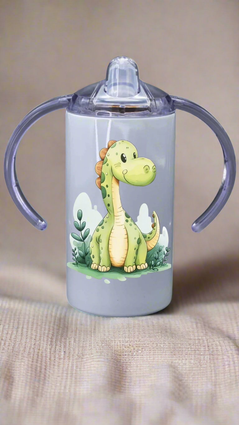 Double-Walled, Stainless steel, sippy cup with dinosaur design on a white background