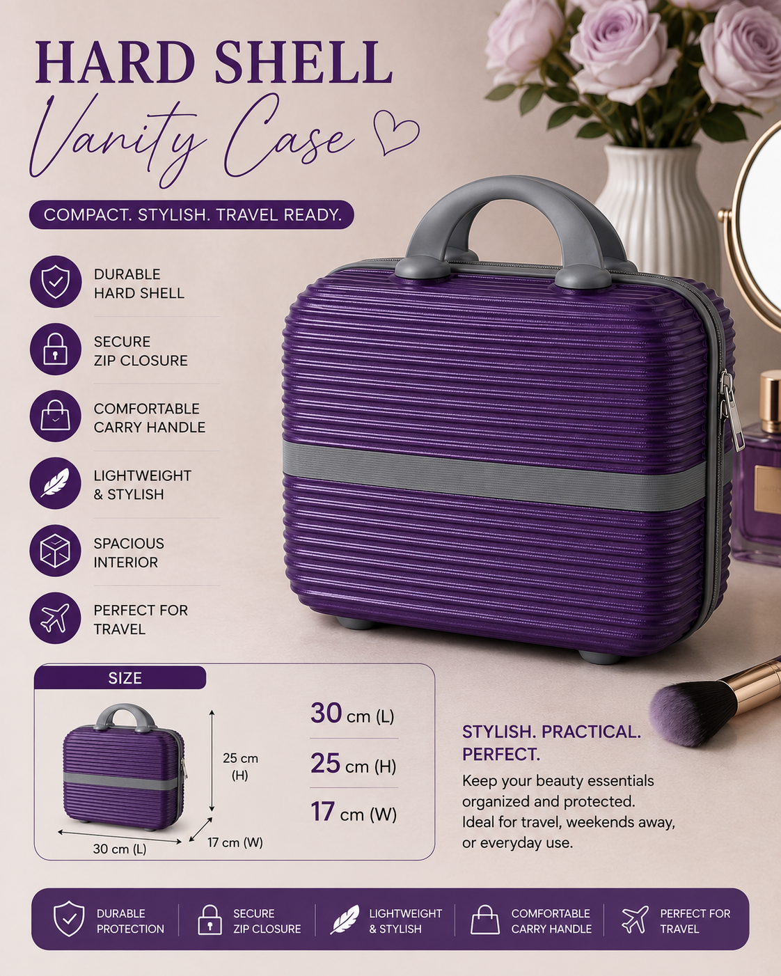 Hard Cover Vanity Bag – Stylish, Durable; Travel Ready