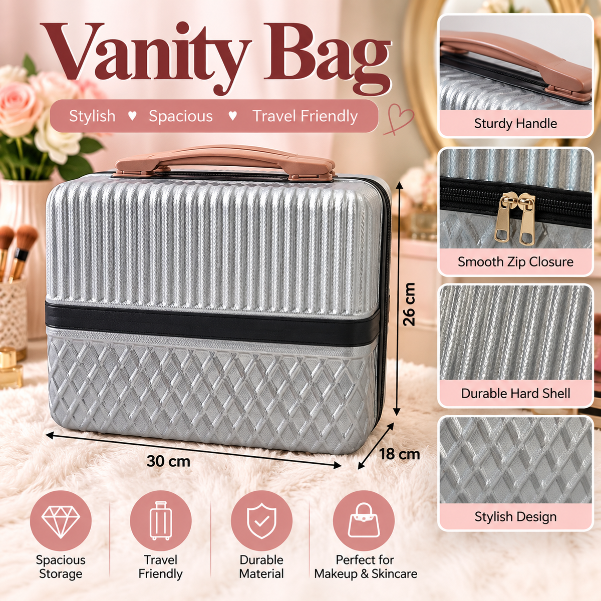 Hard Cover Vanity Bag – Stylish, Durable; Travel Ready