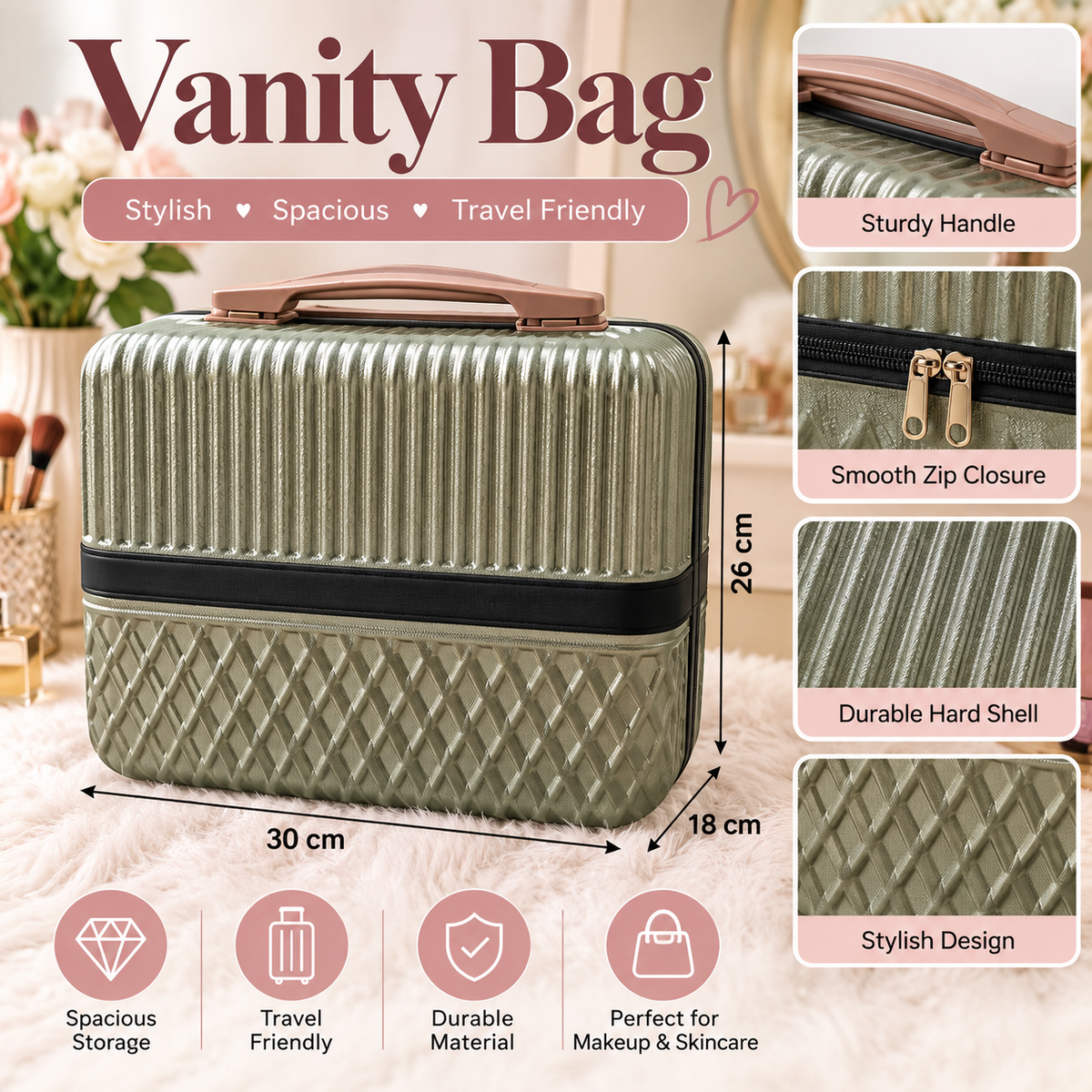 Hard Cover Vanity Bag – Stylish, Durable; Travel Ready