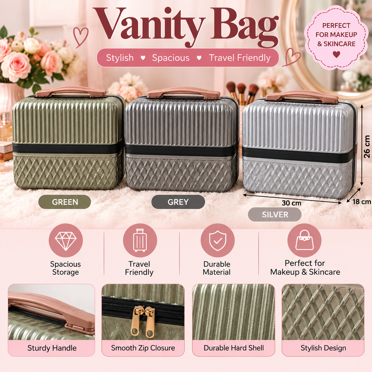 Hard Cover Vanity Bag – Stylish, Durable; Travel Ready