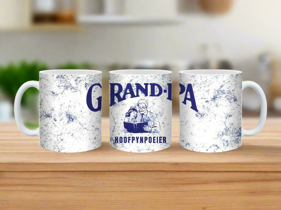 Three mugs with 'GRAND-PA' and a graphic of a person on a white background
