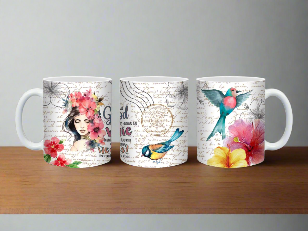 Three mugs with artistic designs on a white background