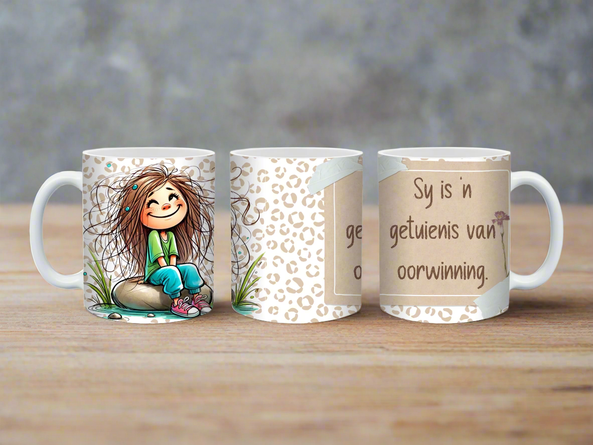 Three mugs with different designs on a white background