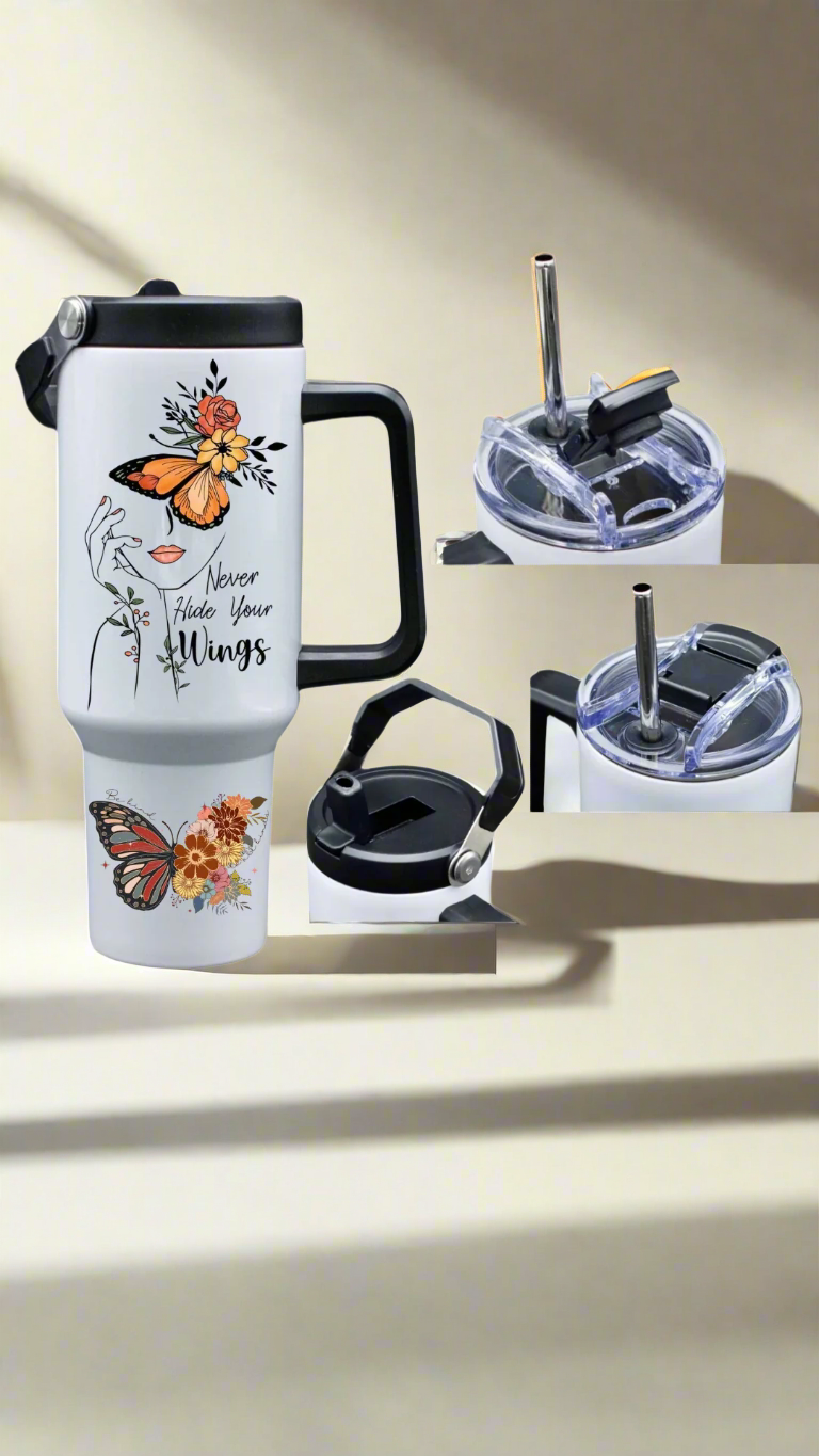 Jack mug with floral design and butterfly, surrounded by different lid options on a white background.