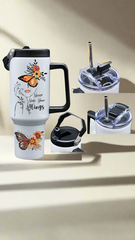 Jack mug with floral design and butterfly, surrounded by different lid options on a white background.