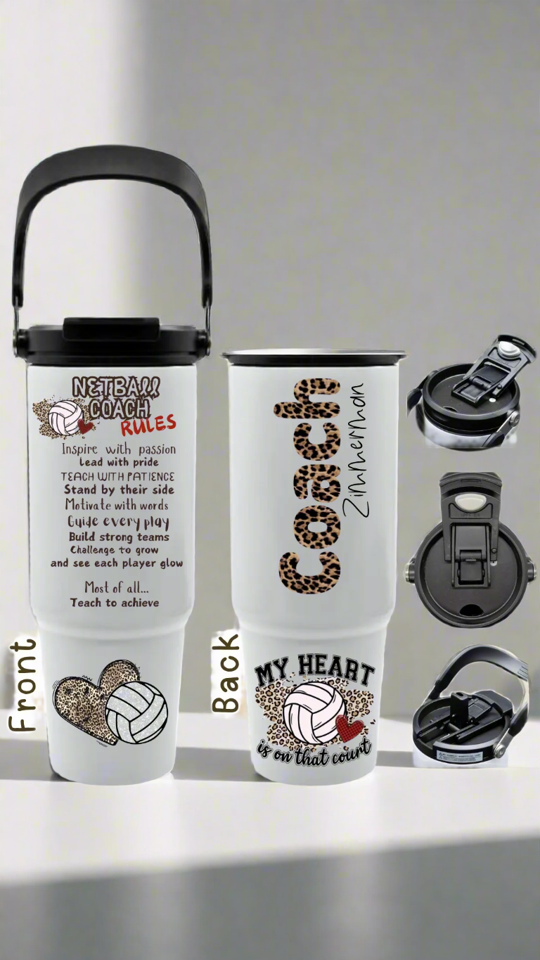 Jill mug Tumbler with netball coach design and text on a white background