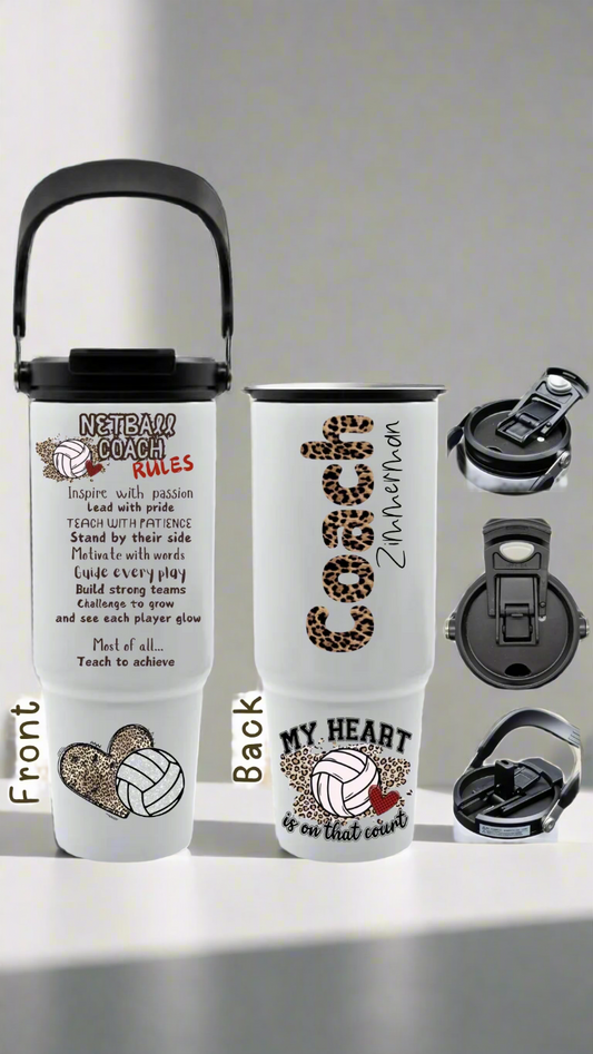 Jill mug Tumbler with netball coach design and text on a white background