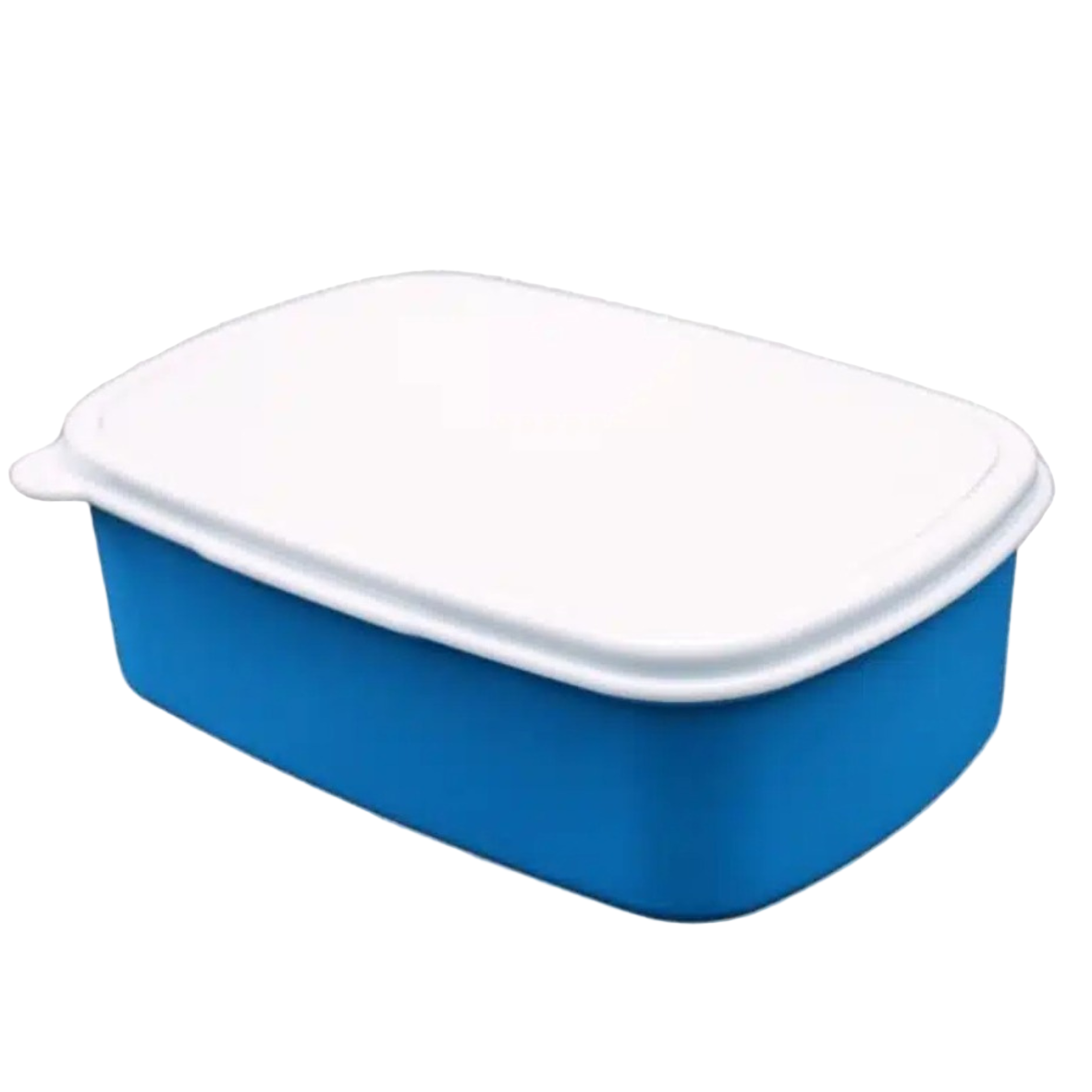 Blue food storage container with a white lid on a white background.