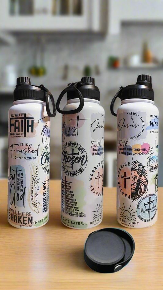 Motivational water bottle with various designs and text on a white background